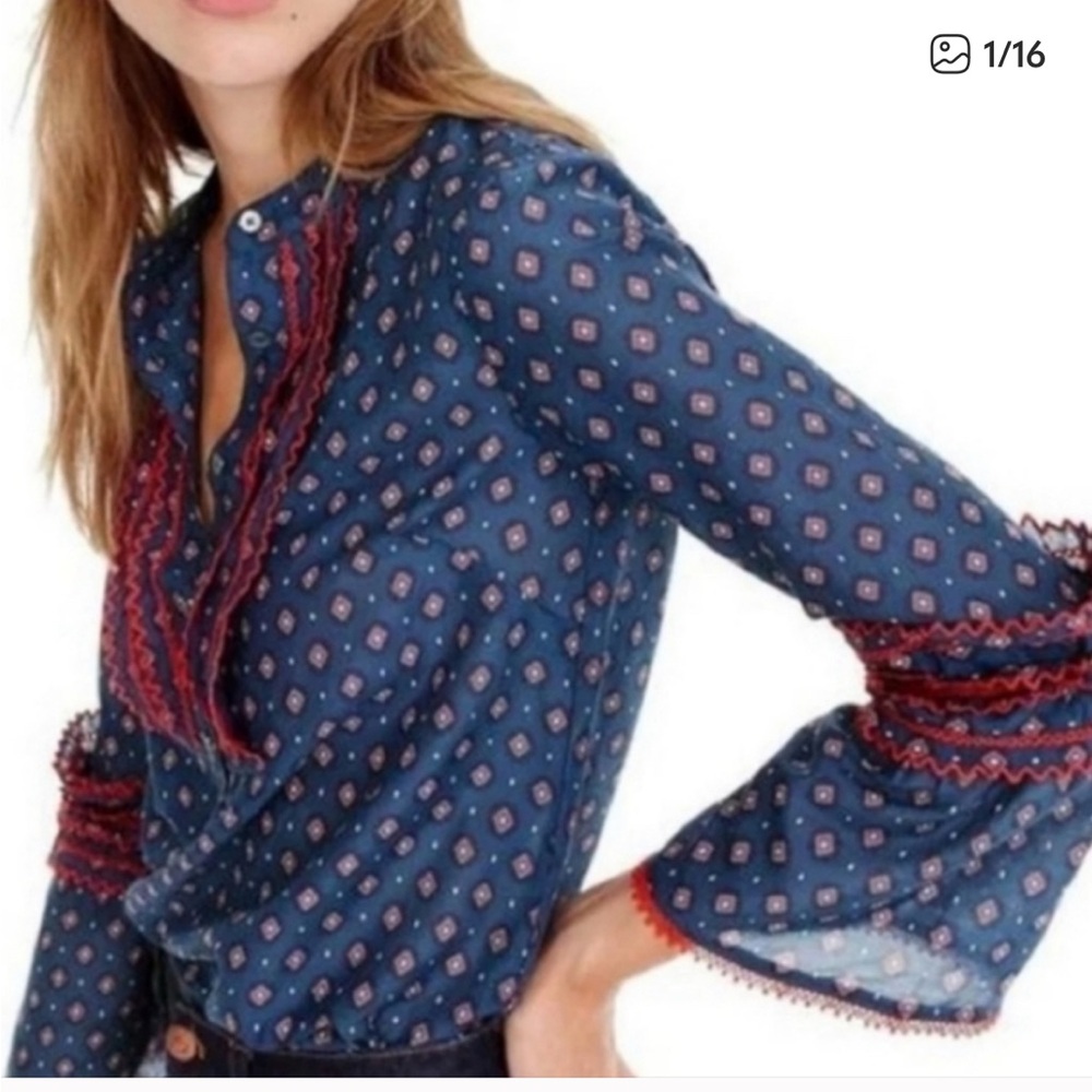 J. Crew woman’s Blue Red Patterned Tunic size 0 boho peasant bell sleeve top